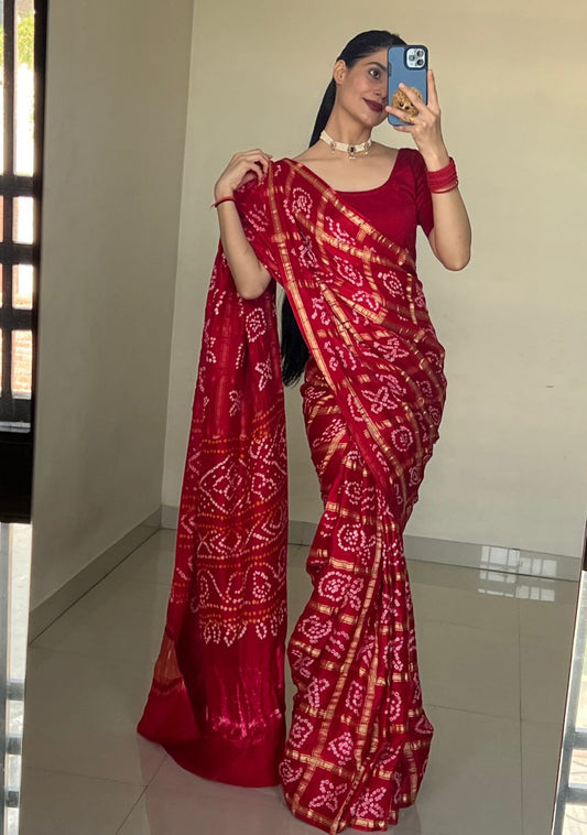 Pure Gaji Silk Bandhani Ghatchola Saree With Blouse