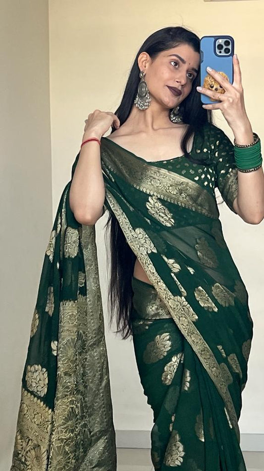 Pure Khaddi Georgette Tested Zari Party Wear Saree with Blouse at PriyazGallery