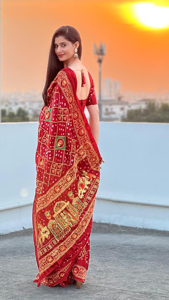 Ethnic Gujrati Famous Red Bandhani Ghatchola Saree by with figure Patterns by PriyazGallery