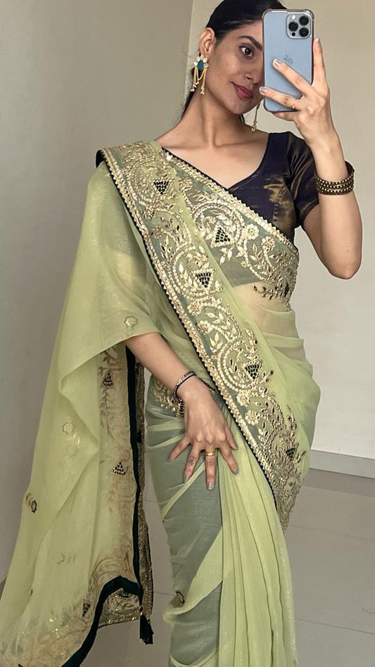 Party Wear Pista Green Gotapatti Work Saree with Contrast Shade Heavy Blouse