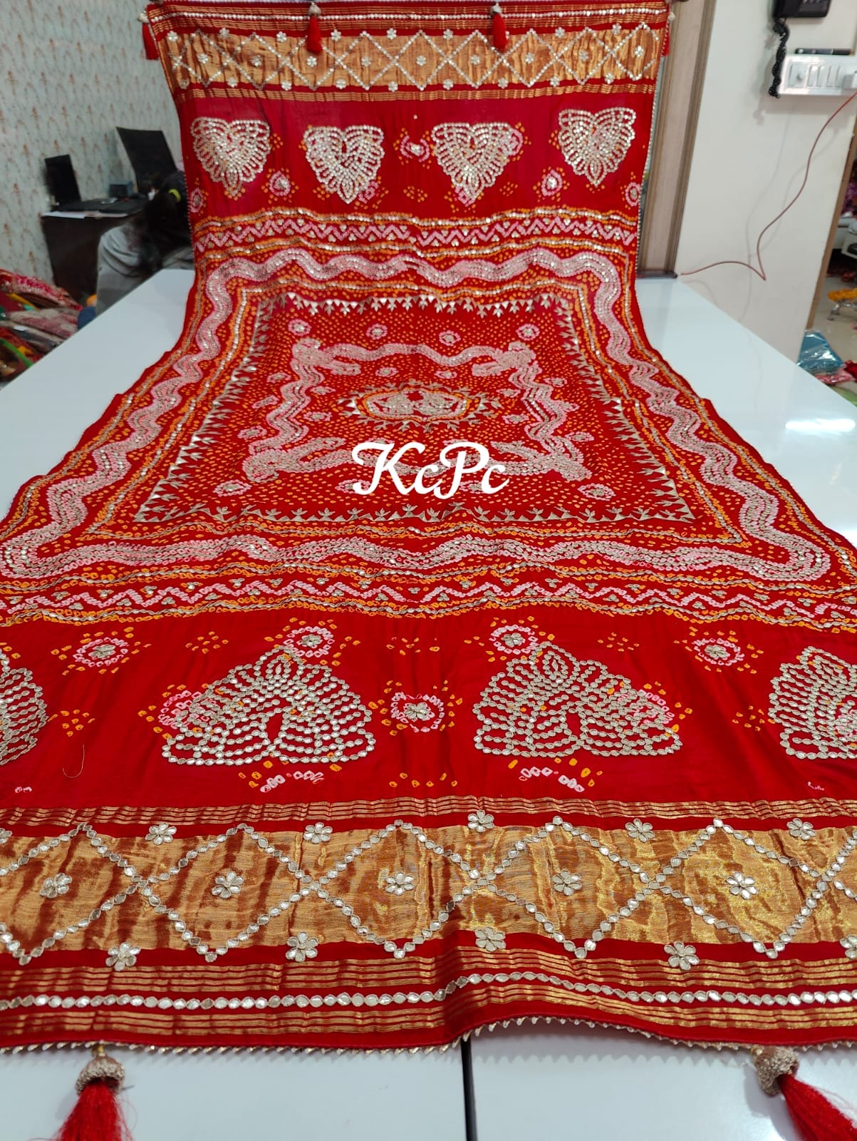 Pure Gaji Silk Bandhani Ghatchola Gotapatti Work Bridal Style Dupatta Kcpc Nr