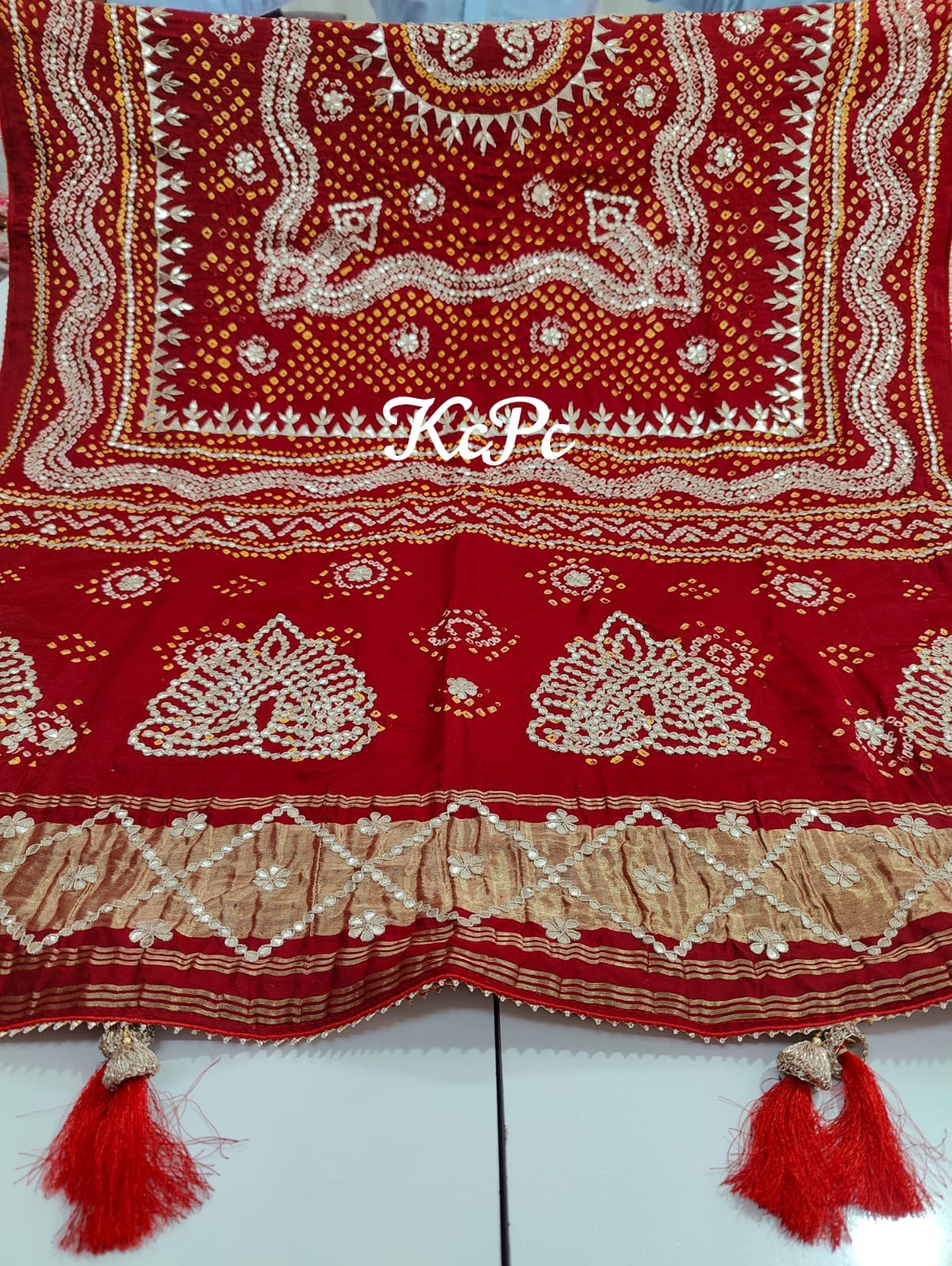 Pure Gaji Silk Bandhani Ghatchola Gotapatti Work Bridal Style Dupatta Kcpc Nr Mehroon