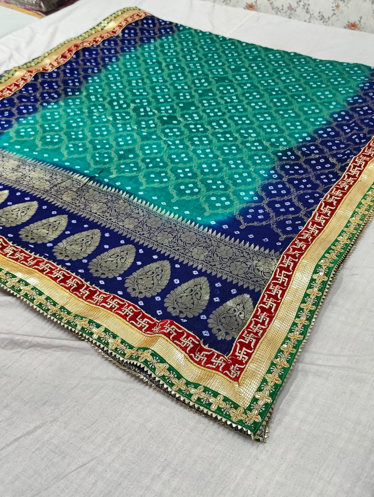 Pure Georgette Bandhani Ghatchola Dupattas With Gotapatti Border Or Kcpc Blue Rama Green Dupatta