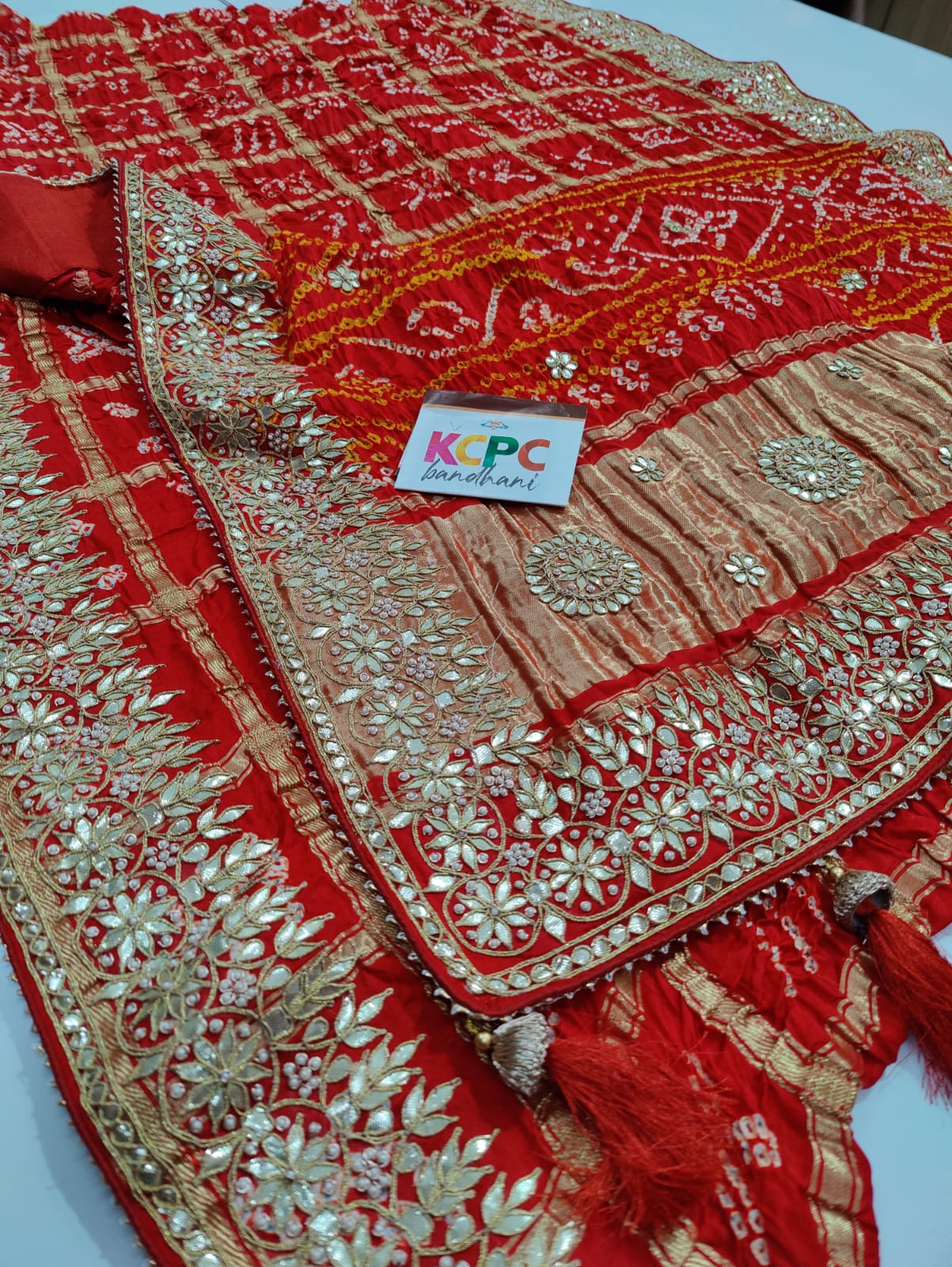 Pure Gaji Silk Bandhani Ghatchola Gotapatti Work Saree with blouse NR ,kcpc