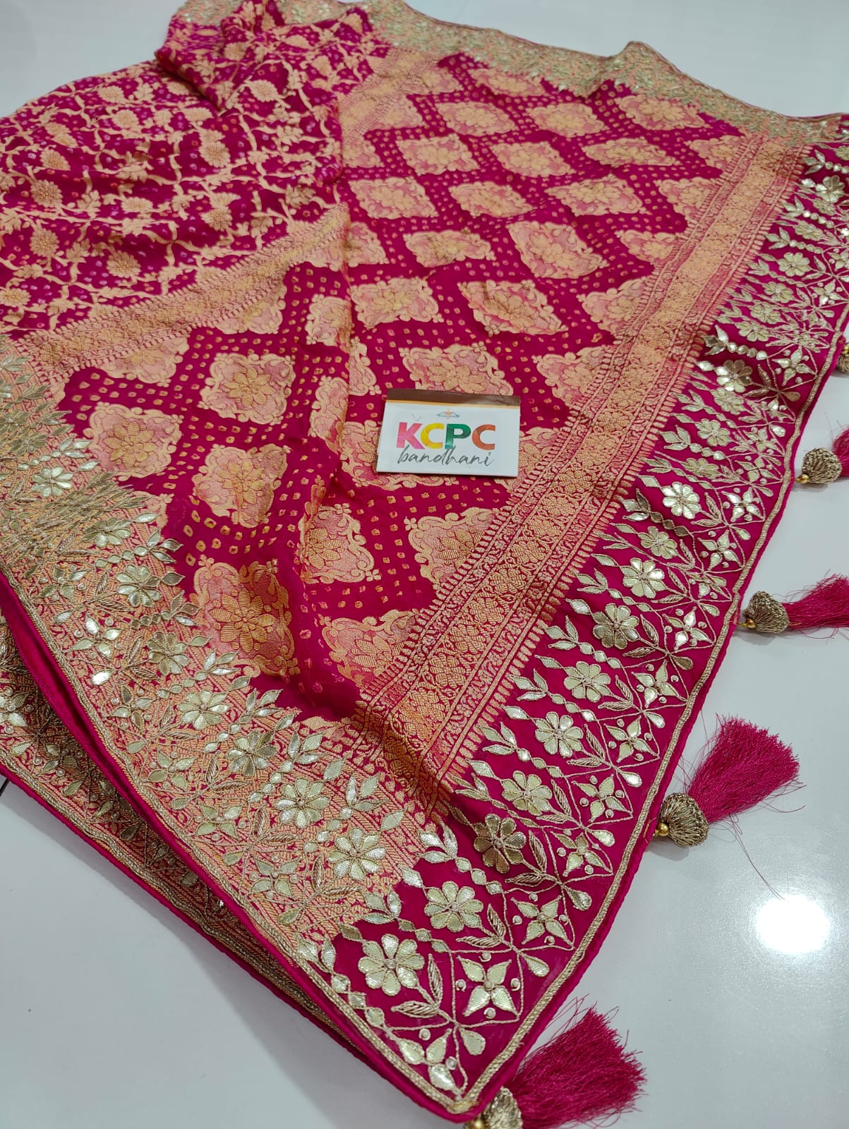 Pure Khaddi Georgette Upada Janglaw Bandhani Neemzari Bridal Saree With Zero Gotapatti Original Work