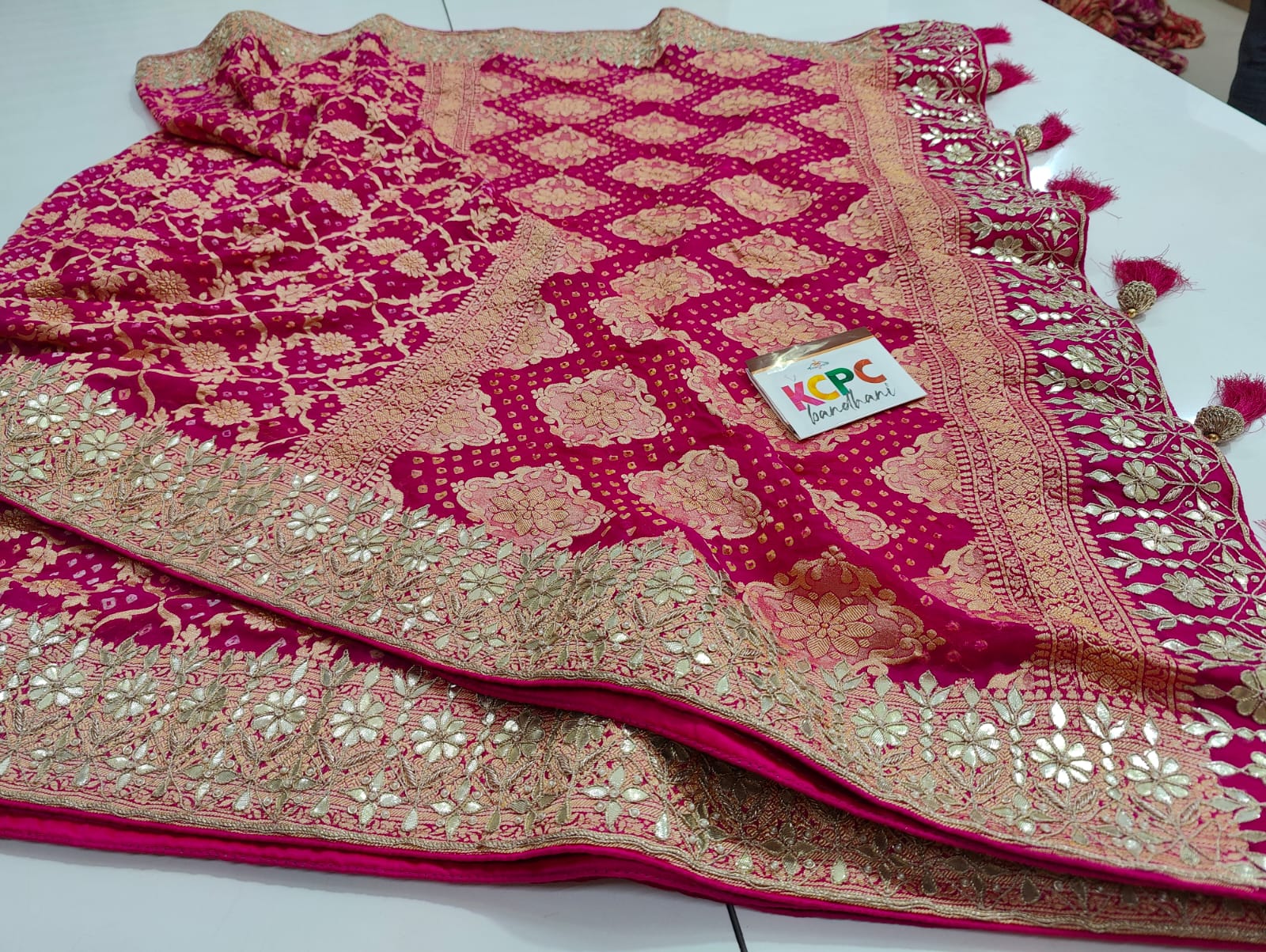 Pure Khaddi Georgette Upada Janglaw Bandhani Neemzari Bridal Saree With Zero Gotapatti Original Work