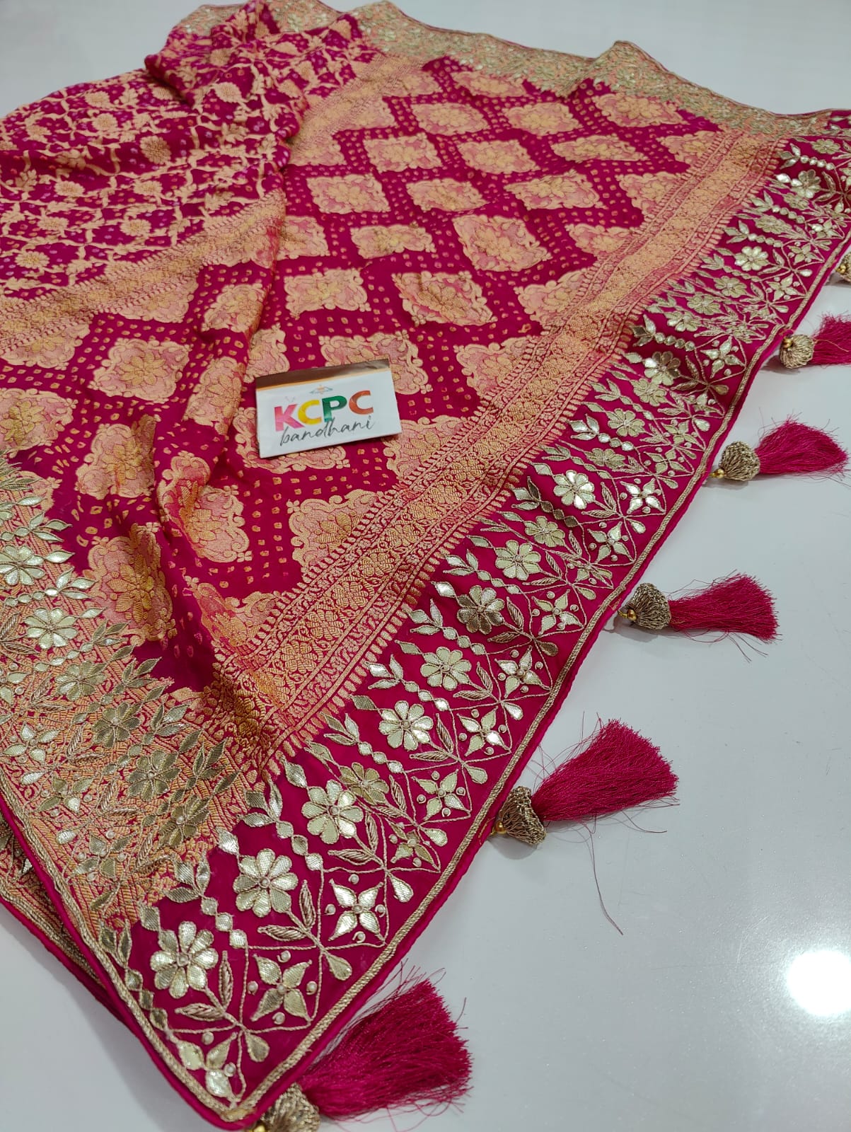 Pure Khaddi Georgette Upada Janglaw Bandhani Neemzari Bridal Saree With Zero Gotapatti Original Work