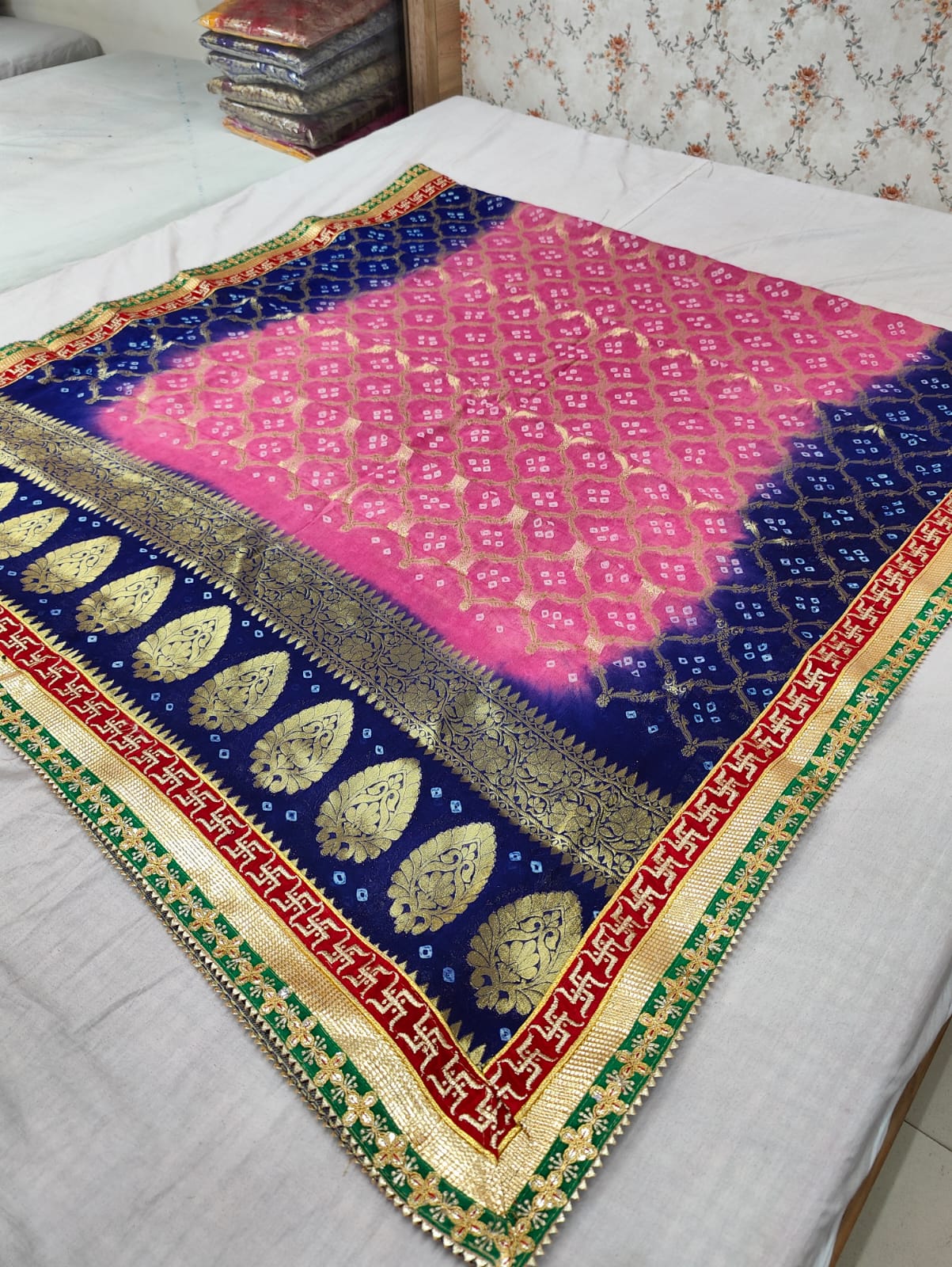 Pure Georgette Bandhani Ghatchola Dupattas With Gotapatti Border Or Kcpc Blue Light Pink Dupatta