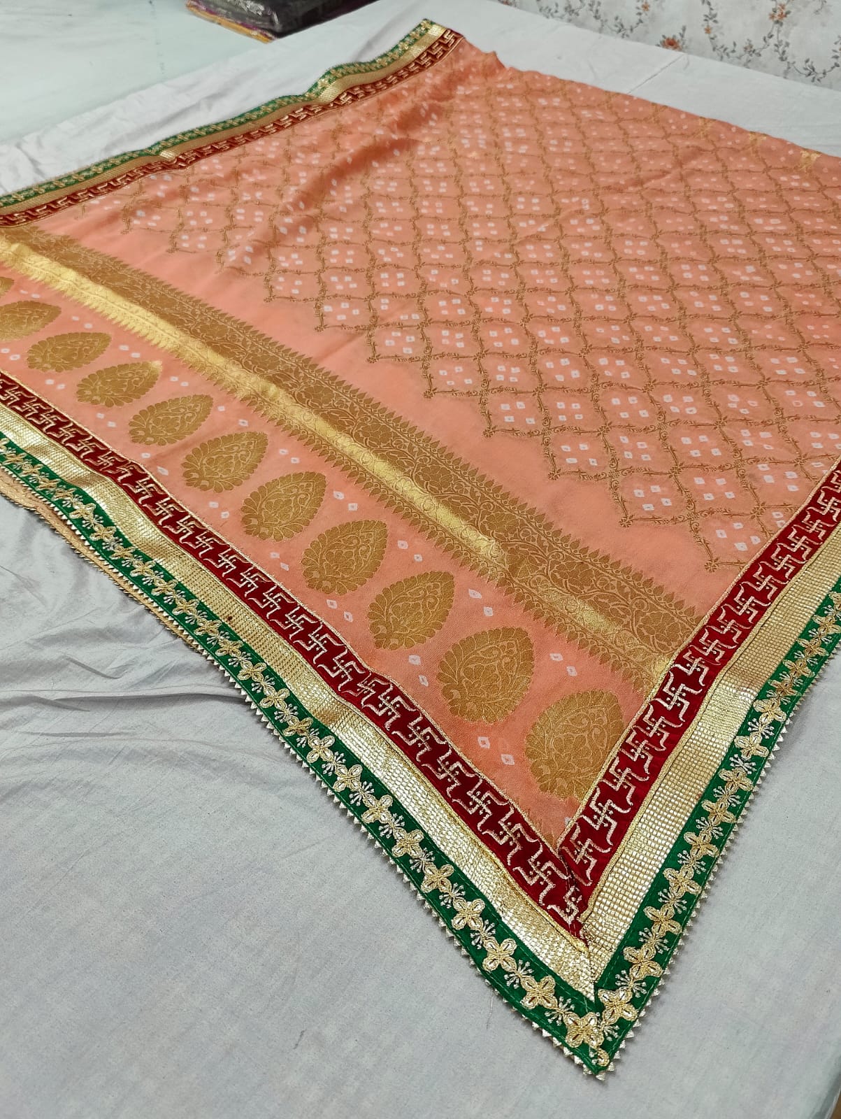 Pure Georgette Bandhani Ghatchola Dupattas With Gotapatti Border Or Kcpc Peach Dupatta