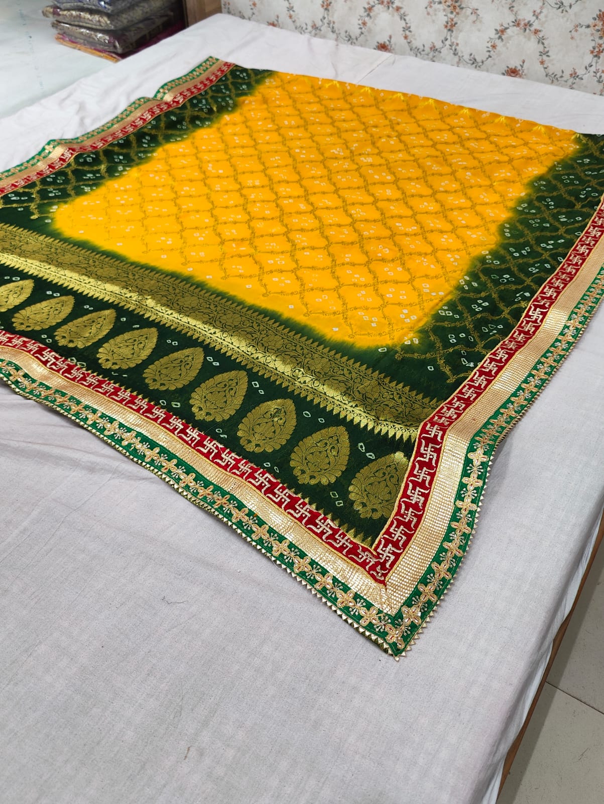 Pure Georgette Bandhani Ghatchola Dupattas With Gotapatti Border Or Kcpc Green Yellow Dupatta