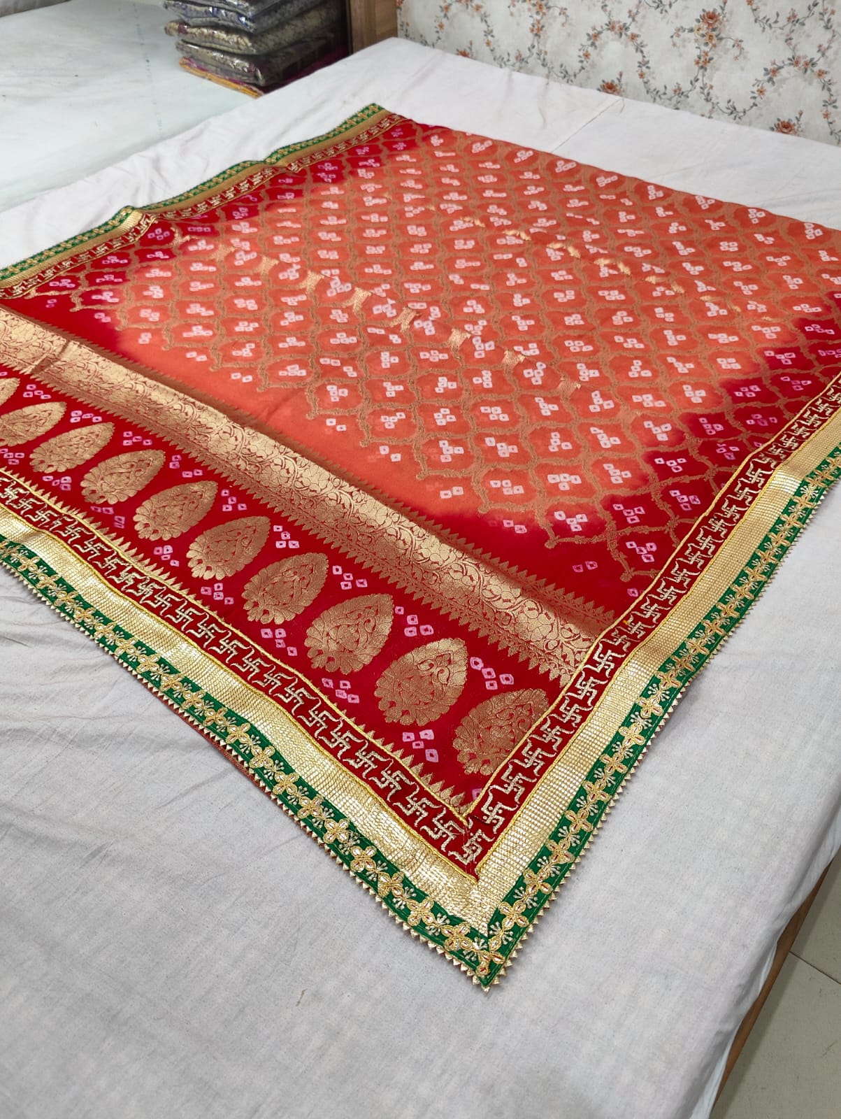 Pure Georgette Bandhani Ghatchola Dupattas With Gotapatti Border Or Kcpc Red Peach Dupatta