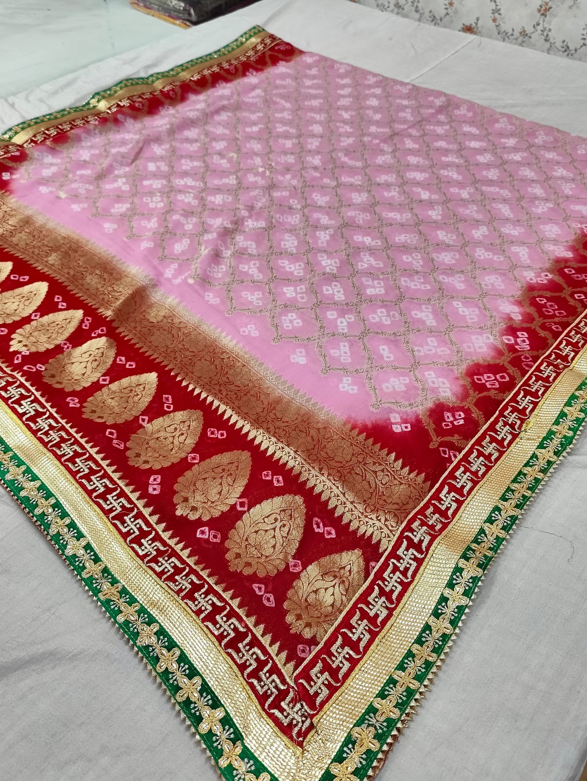 Pure Georgette Bandhani Ghatchola Dupattas With Gotapatti Border Or Kcpc Red Light Pink Dupatta