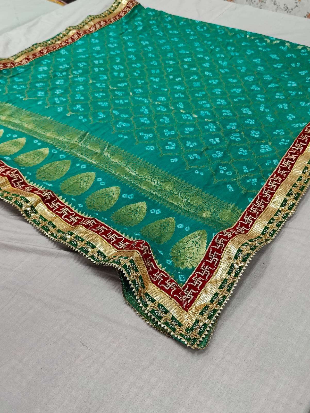 Pure Georgette Bandhani Ghatchola Dupattas With Gotapatti Border Or Kcpc Rama Green Dupatta