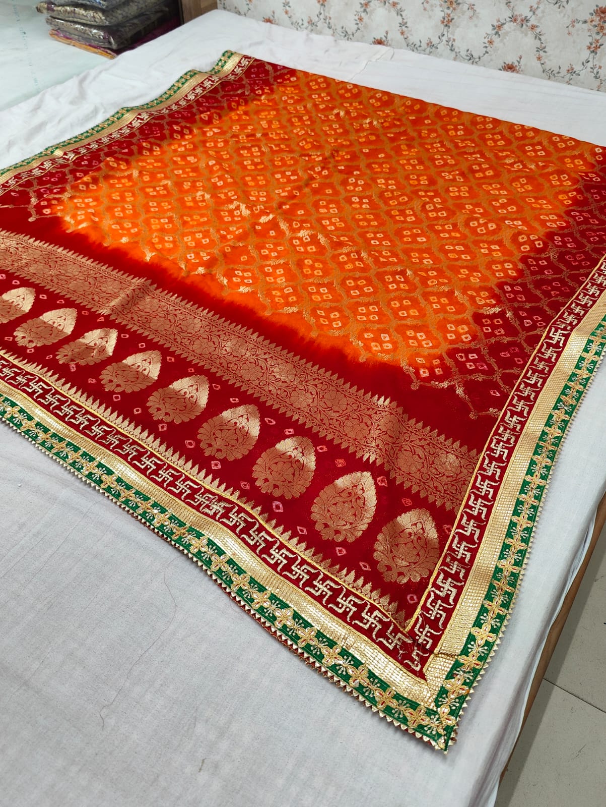 Pure Georgette Bandhani Ghatchola Dupattas With Gotapatti Border Or Kcpc Red Orange Dupatta