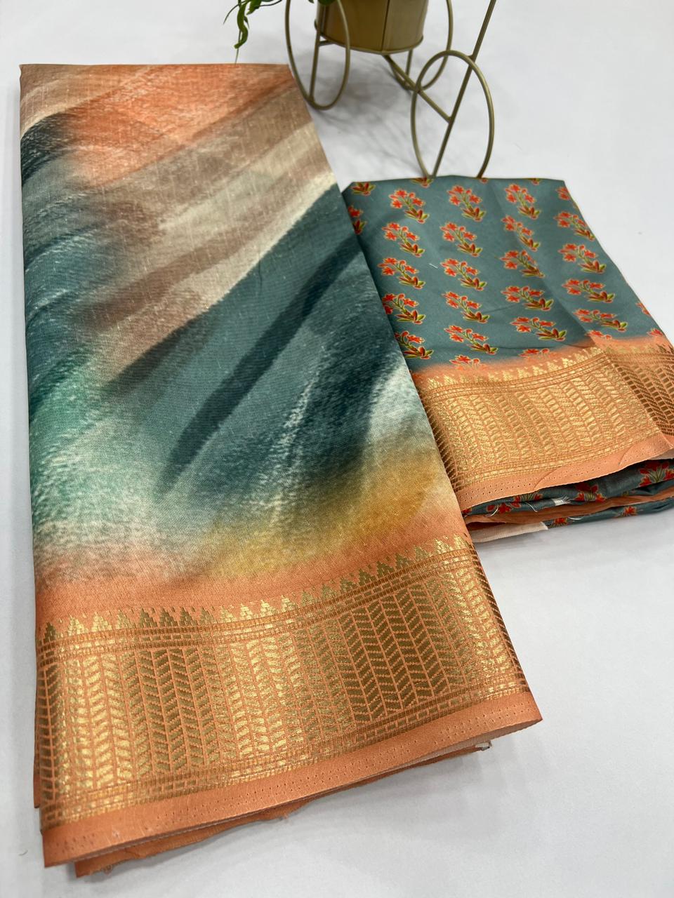 soft silk Digital Print with Golden Jequard Border saree OR,vjt