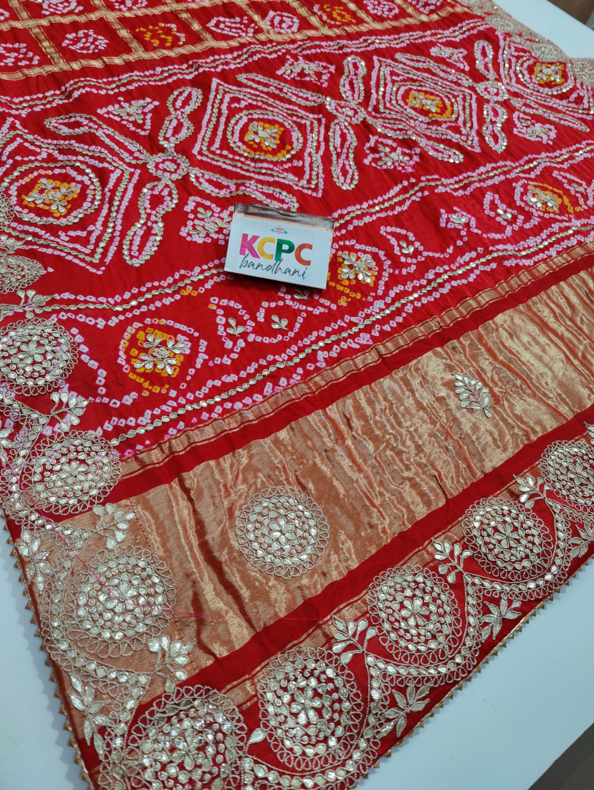 Pure Gaji Silk Bandhani Ghatchola Gotapatti Work Saree With Blouse Or Kcpc