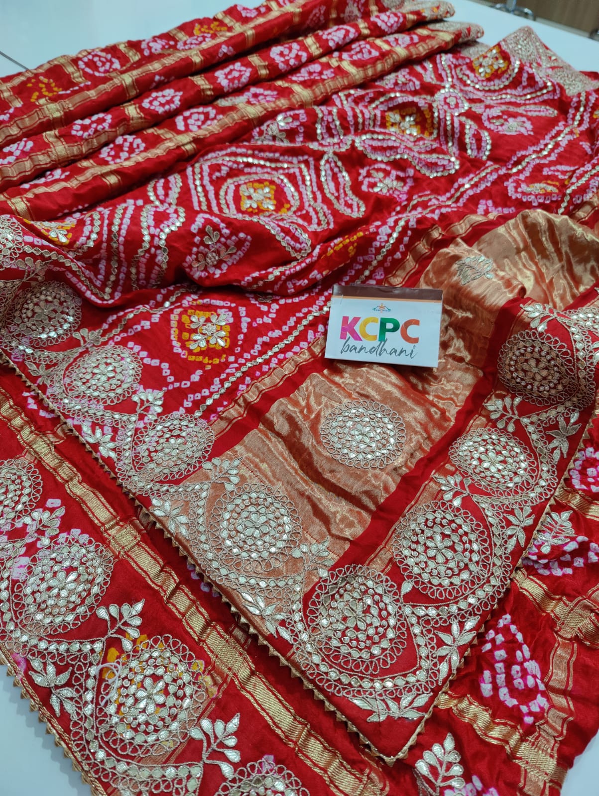 Pure Gaji Silk Bandhani Ghatchola Gotapatti Work Saree With Blouse Or Kcpc