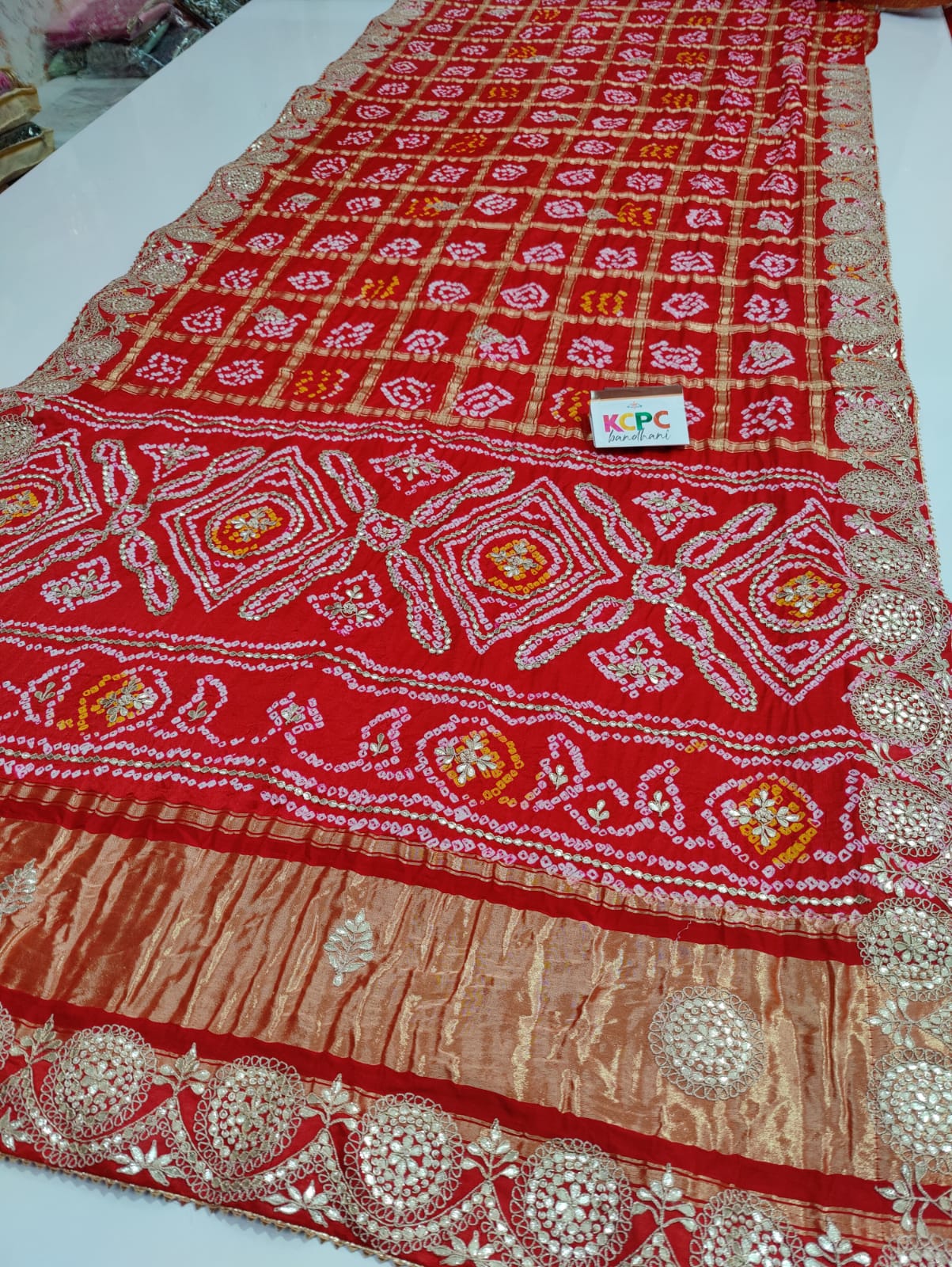 Pure Gaji Silk Bandhani Ghatchola Gotapatti Work Saree With Blouse Or Kcpc