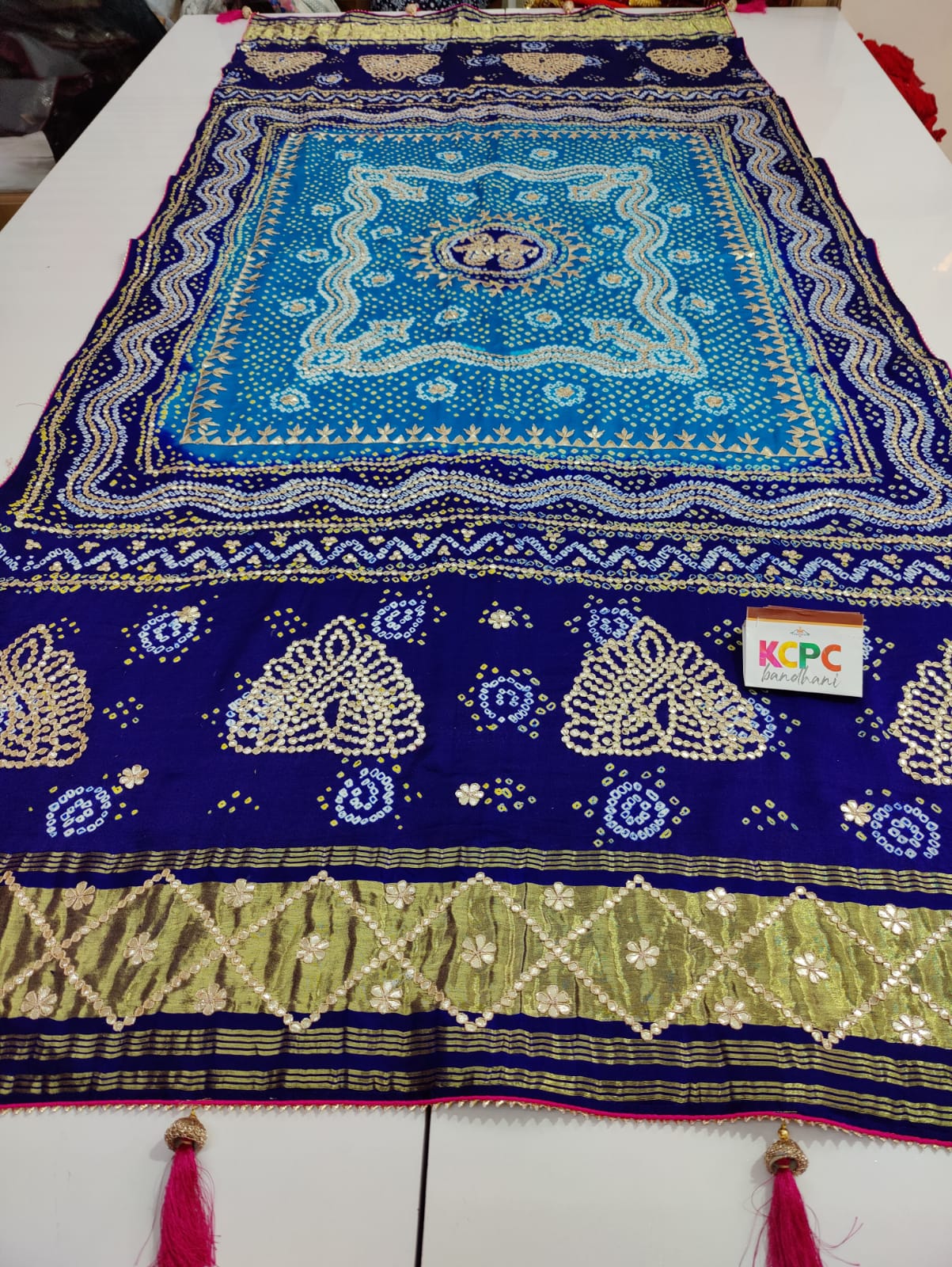 Pure Gaji Silk Bandhani Ghatchola Gotapatti Work Bridal Style Dupatta Kcpc Nr Firoji Blue