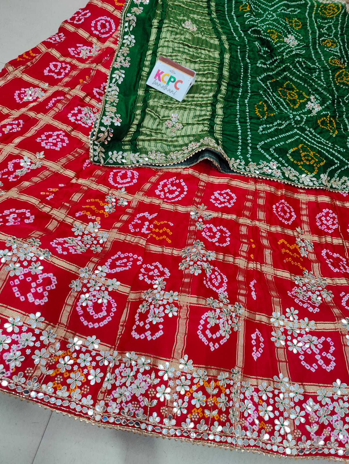 Pure Gaji Silk Bandhani Ghatchola Gotapatti Work Lehenga Chunni Set Kcpc Nr Red Green