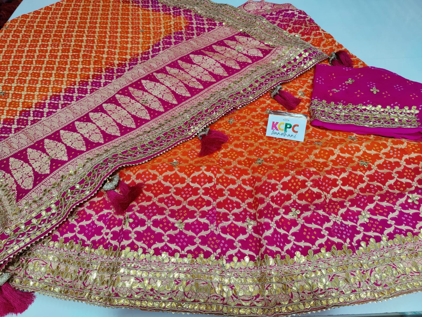 Pure Khaddi Georgette Uppada Jangla Neemzari Bandhani Ghatchola Lehenga Chunni Set With Gotapatti