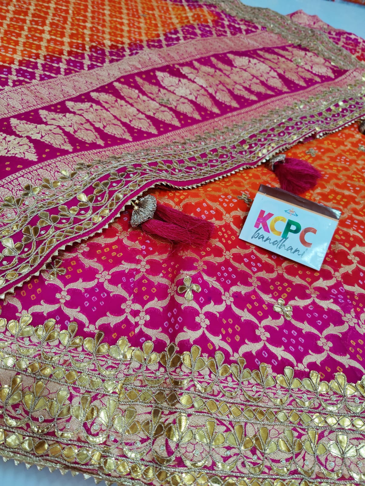 Pure Khaddi Georgette Uppada Jangla Neemzari Bandhani Ghatchola Lehenga Chunni Set With Gotapatti