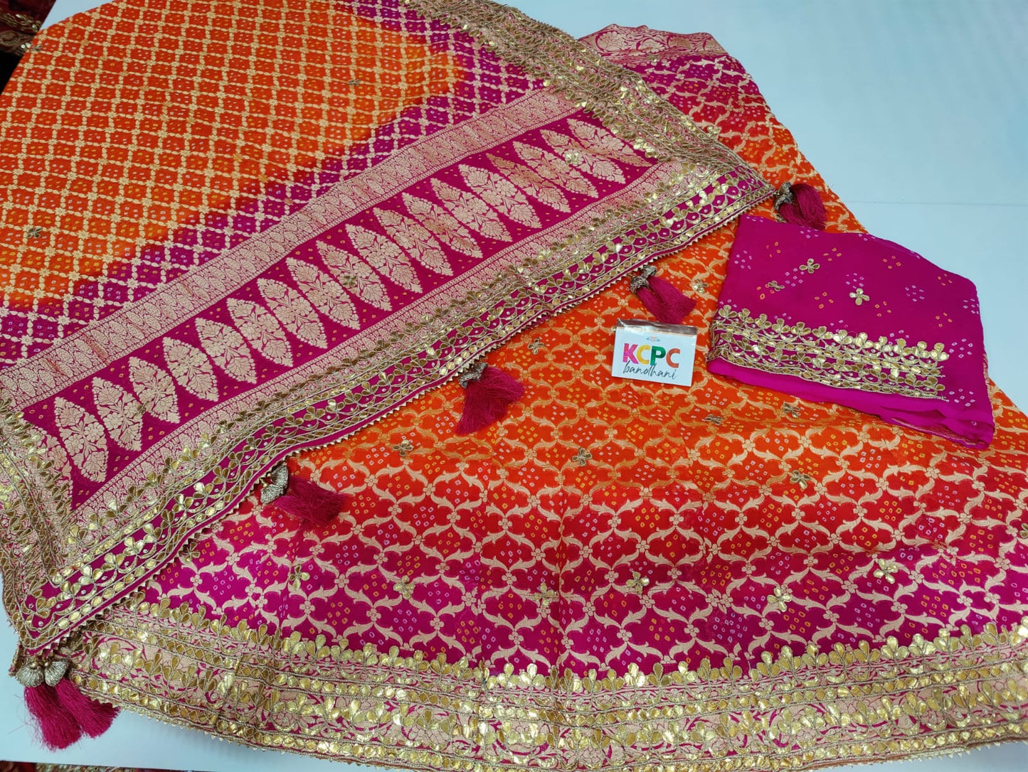 Pure Khaddi Georgette Uppada Jangla Neemzari Bandhani Ghatchola Lehenga Chunni Set With Gotapatti