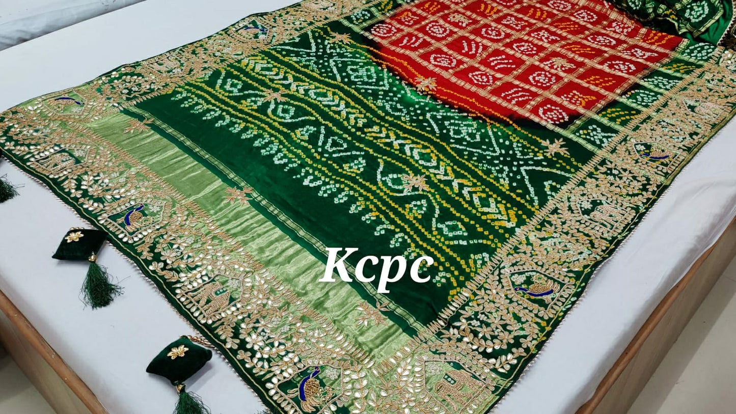 Pure Gaji Silk Bandhani Ghatchola Gotapatti Work Saree With Blouse Or Kcpc