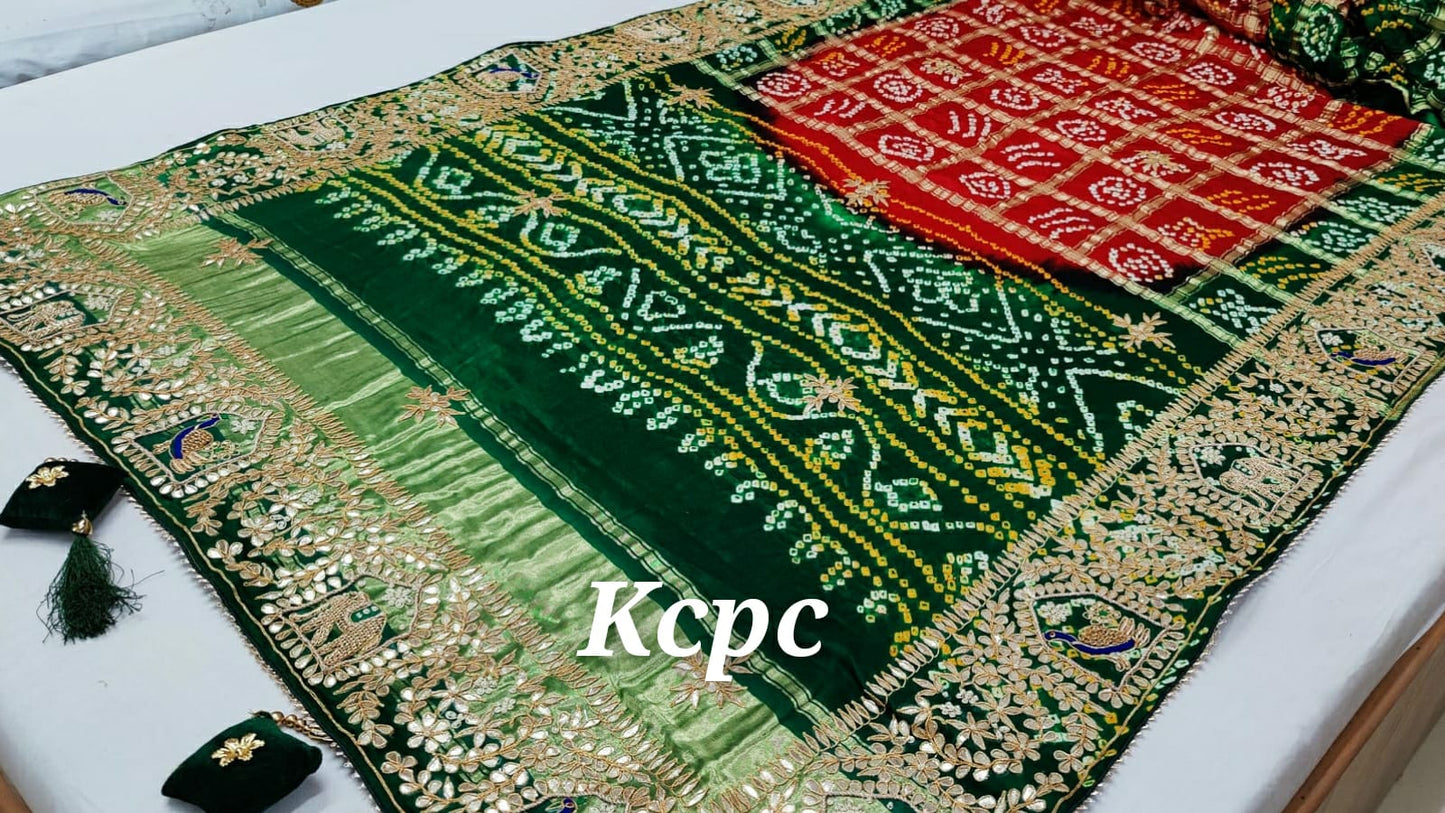 Pure Gaji Silk Bandhani Ghatchola Gotapatti Work Saree With Blouse Or Kcpc