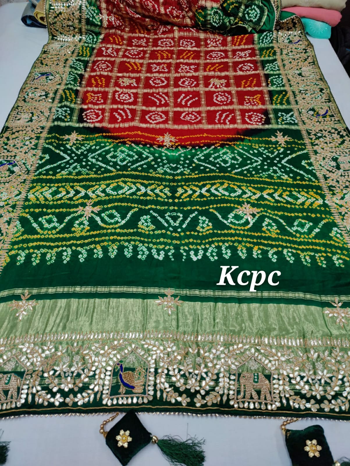 Pure Gaji Silk Bandhani Ghatchola Gotapatti Work Saree With Blouse Or Kcpc