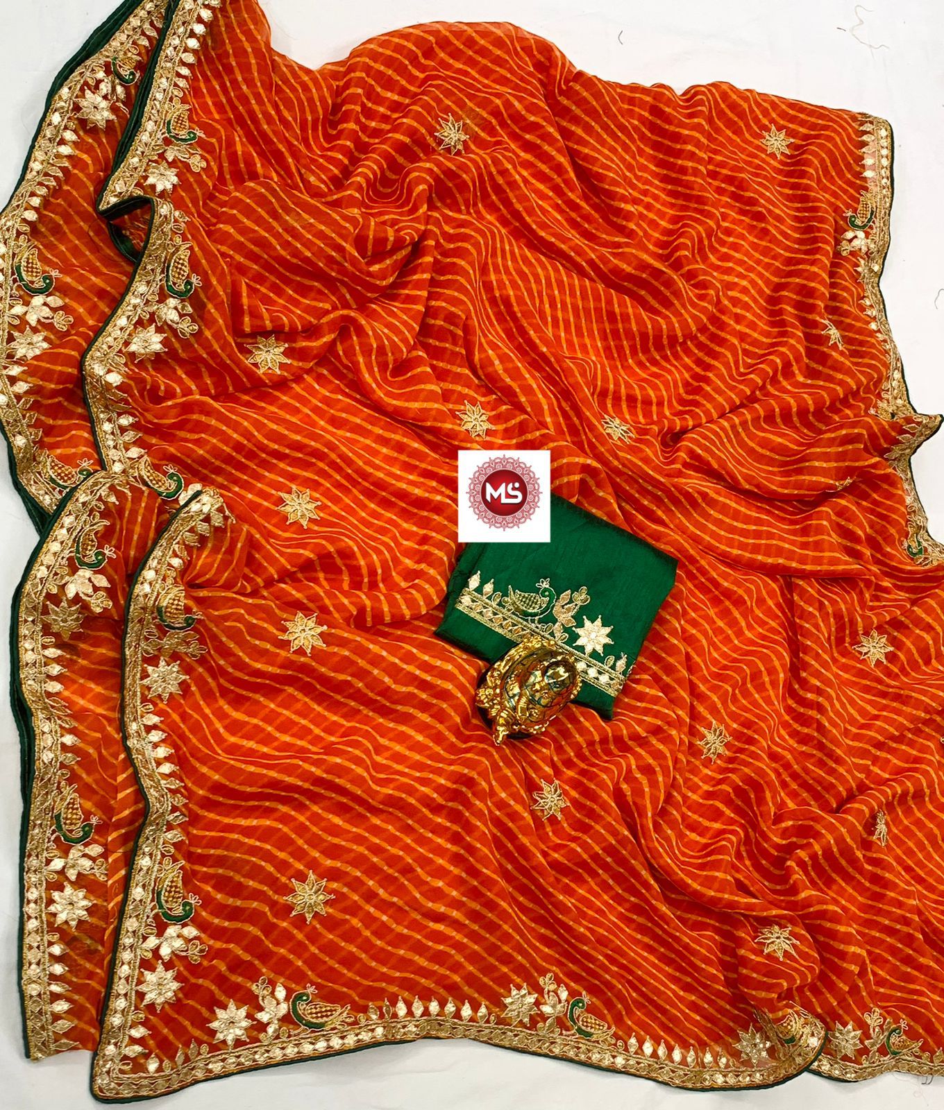 Georgette lehriya with embroidery with gota patti work border saree VJT, OR