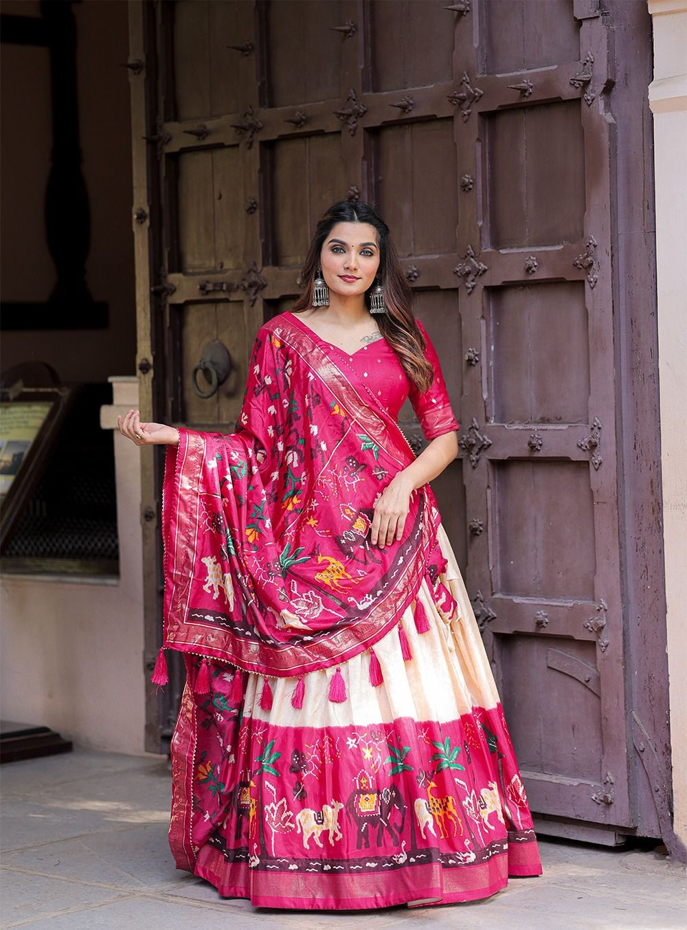 Dola silk printed with foil work with heavy tassels lehenga, VJT, OR