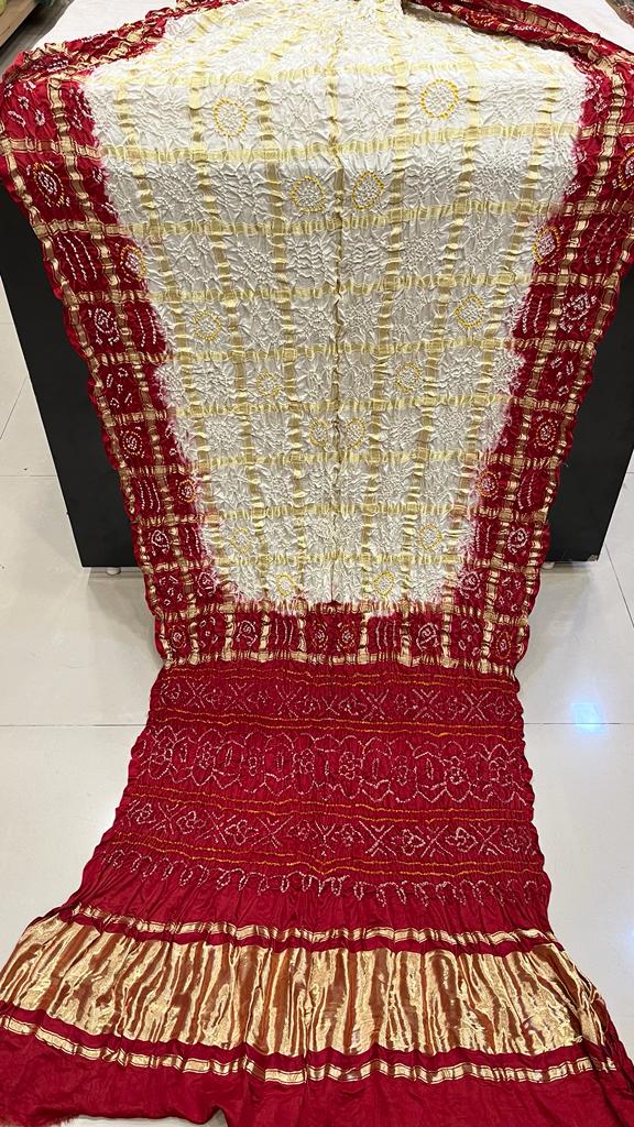 Pure Gaji Silk Bandhani Ghatchola Saree Kcpc Nr White Red