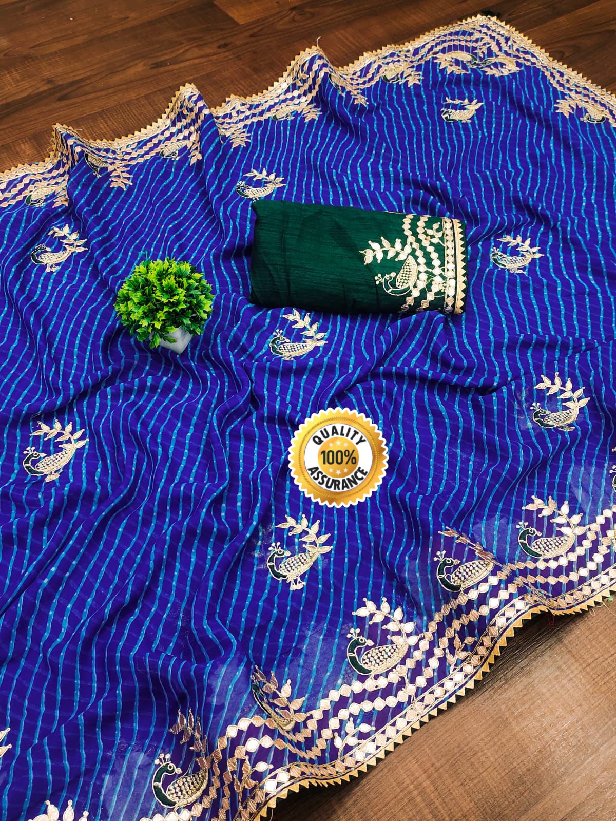 Pure Georgette leheriya with embroidery with gota patti work saree, ASH, IR