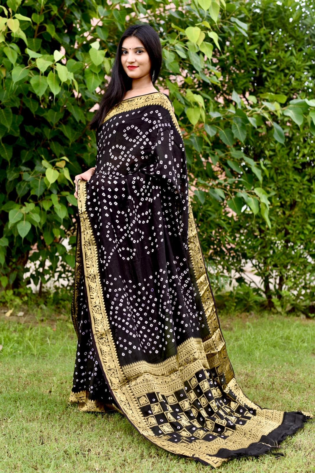 Art Silk With Zari Waving Rich Pallu Bandhni Print Border Design Saree Vjt Or Black Saree