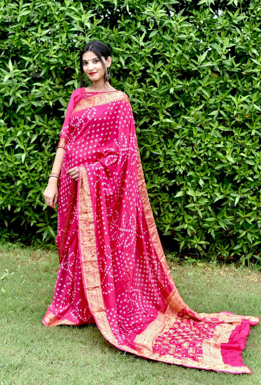 Art Silk With Zari Waving Rich Pallu Bandhni Print Border Design Saree Vjt Or Pink Saree