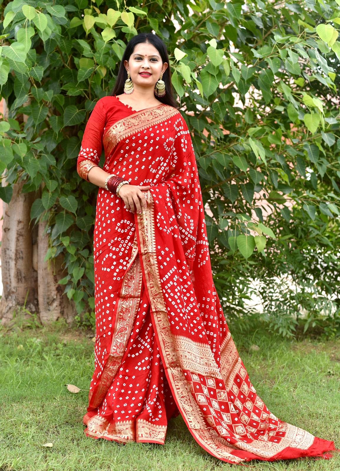 Art Silk With Zari Waving Rich Pallu Bandhni Print Border Design Saree Vjt Or Red Saree