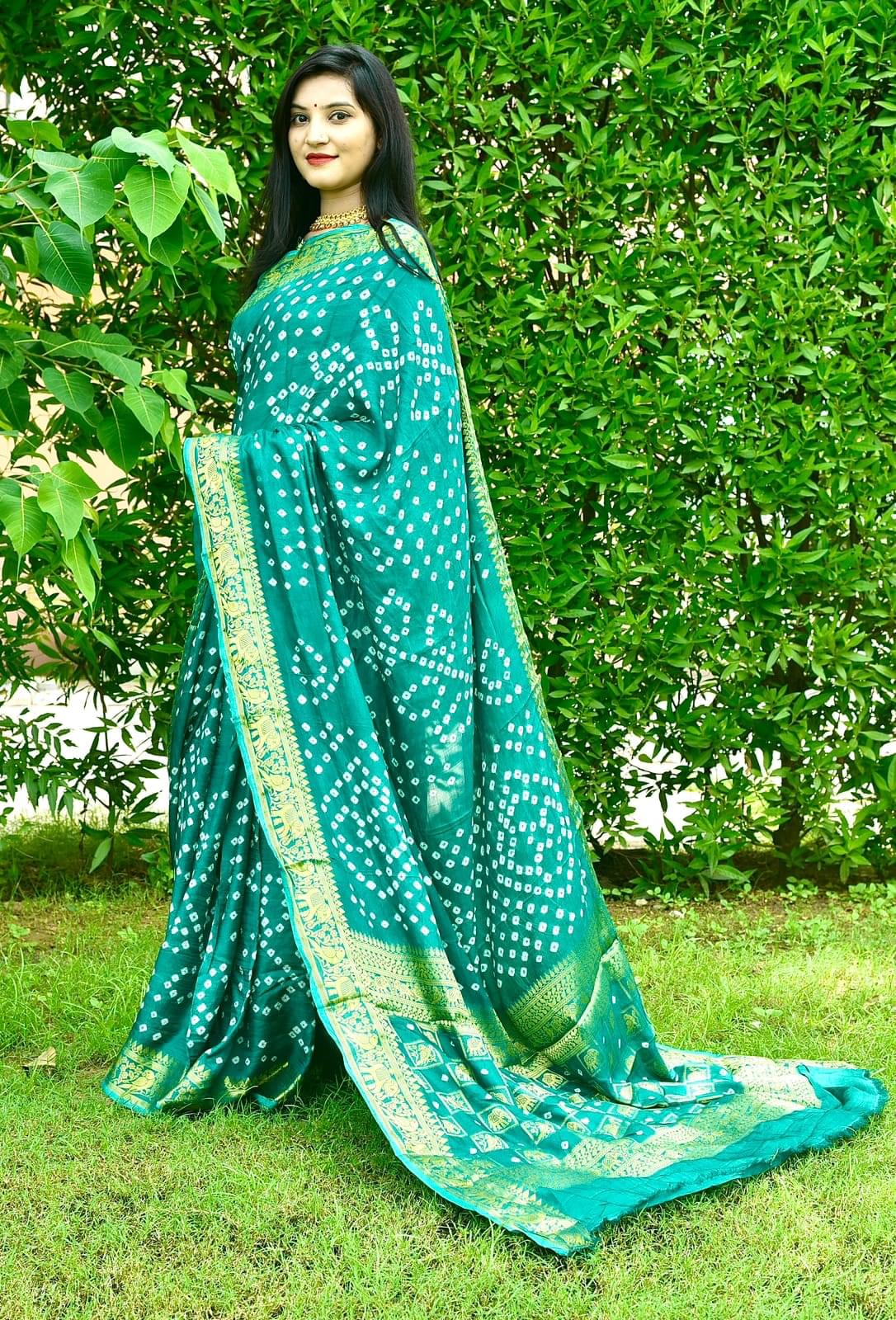 Art Silk With Zari Waving Rich Pallu Bandhni Print Border Design Saree Vjt Or Rama Saree