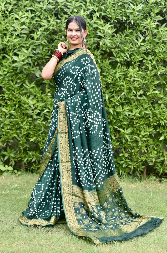 Art Silk With Zari Waving Rich Pallu Bandhni Print Border Design Saree Vjt Or Green Saree