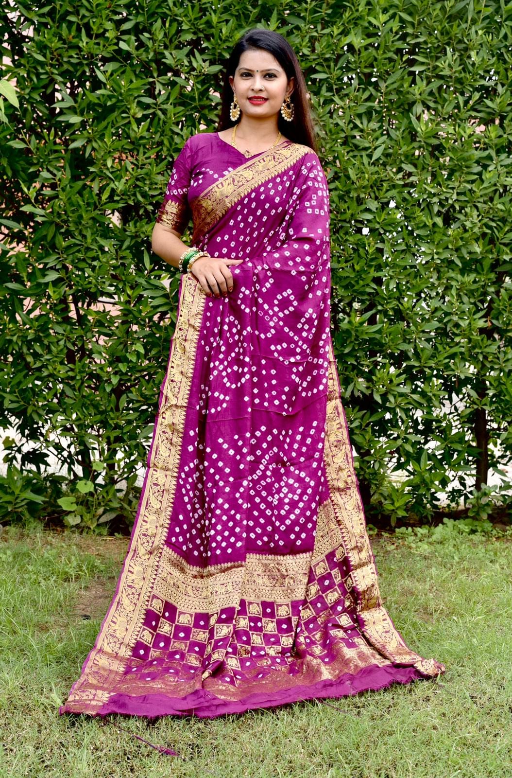 Art Silk With Zari Waving Rich Pallu Bandhni Print Border Design Saree Vjt Or Wine Saree