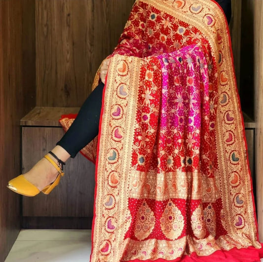 Pure Khaddi Georgette Meenakari Bandhj Duptta Kcpc Or Pink Red Dupatta