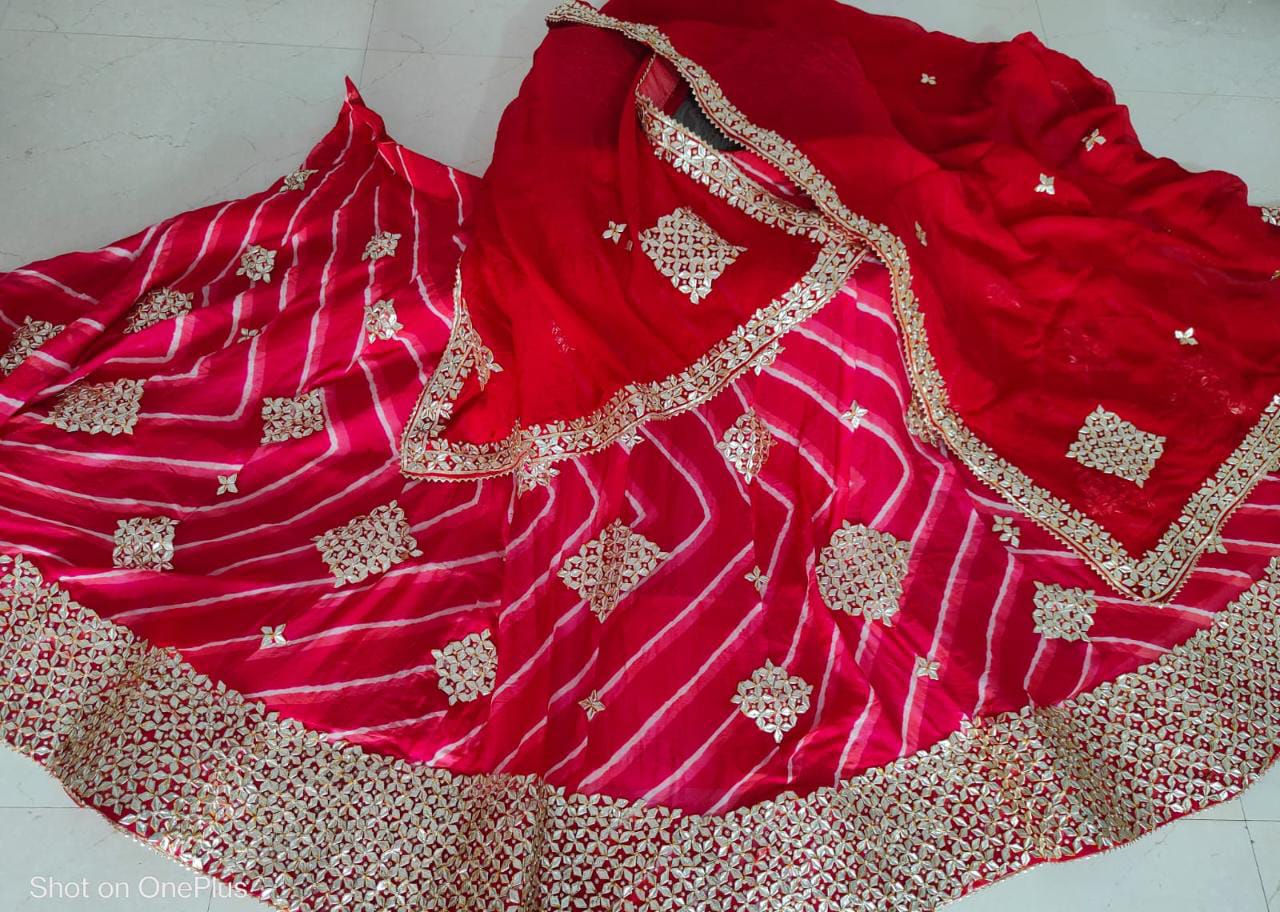 Pure Georgette With Ojhriya Rai Bandhej Hand Gottapatti Work Zardoji Lehenga Sth Nr Red Lehenga