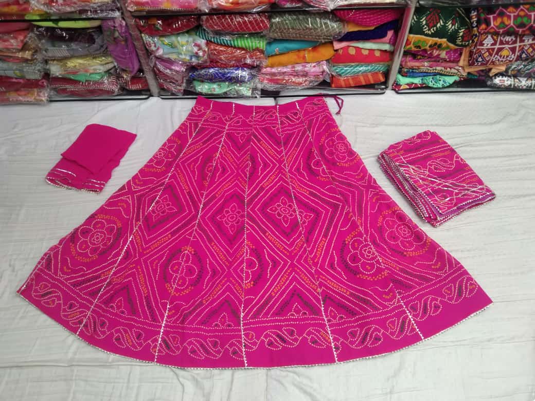 Pure Georgette Cyc Febric Hand Bandhej Gota Leac Lehenga Kml Or Rani Lehenga