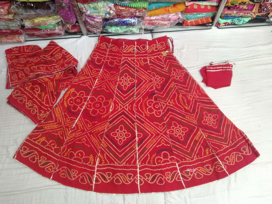 Pure Georgette Cyc Febric Hand Bandhej Gota Leac Lehenga Kml Or Red Lehenga