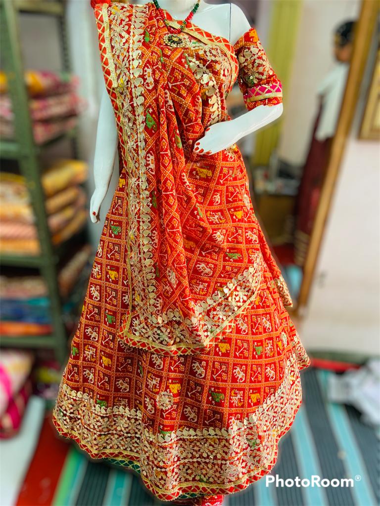 Rajasthani Kotta Doriya Traditional Potola Print With Gotapatti Work Bandhej Lehenga Kml Or Red