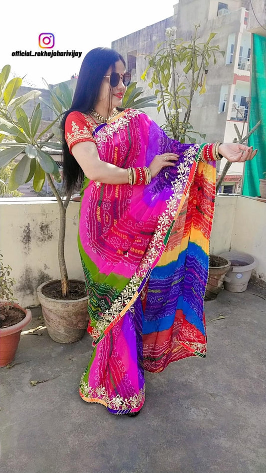 Pure Moss Georgette With Bhandej Beautiful Hand Gota Patti Work Saree Mhs Nr Multi Saree
