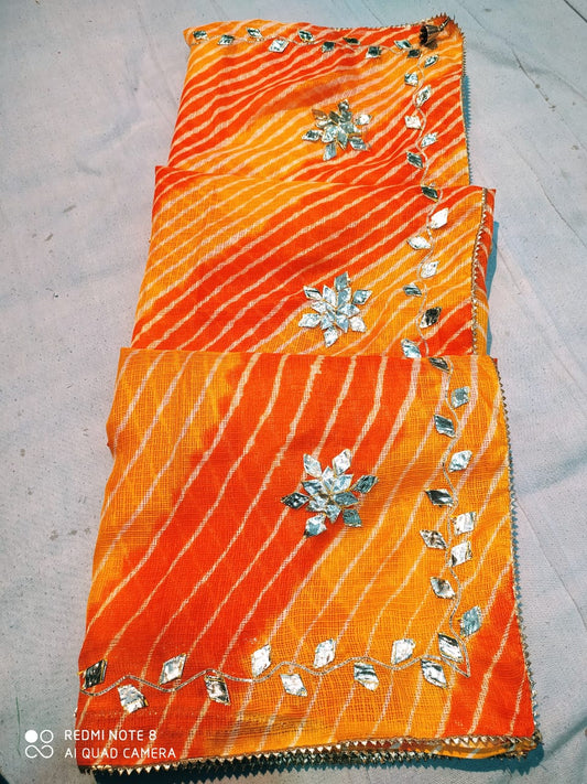 Pure Kota Doriya Mothra Super Patta Lahariya Gotapatti Work Saree Mhs Nr Orange Yellow Saree