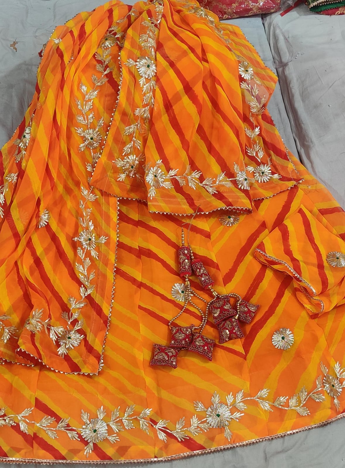 Beautiful Multi Lehriya Pure Georgette Heavy Kachi Gotta Patti Work Lehenga Kml Nr Orange Lehenga