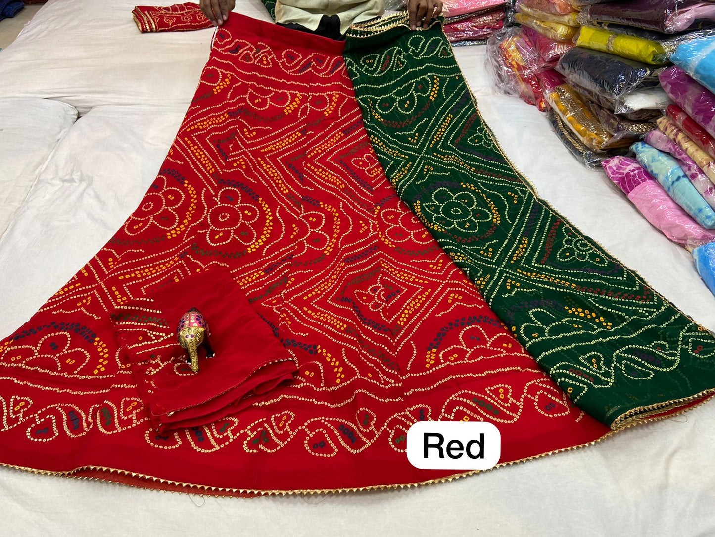 New Design Launch Pure Renail Georgette Bandhni Print Lehenga Kml Or Red Green Lehenga