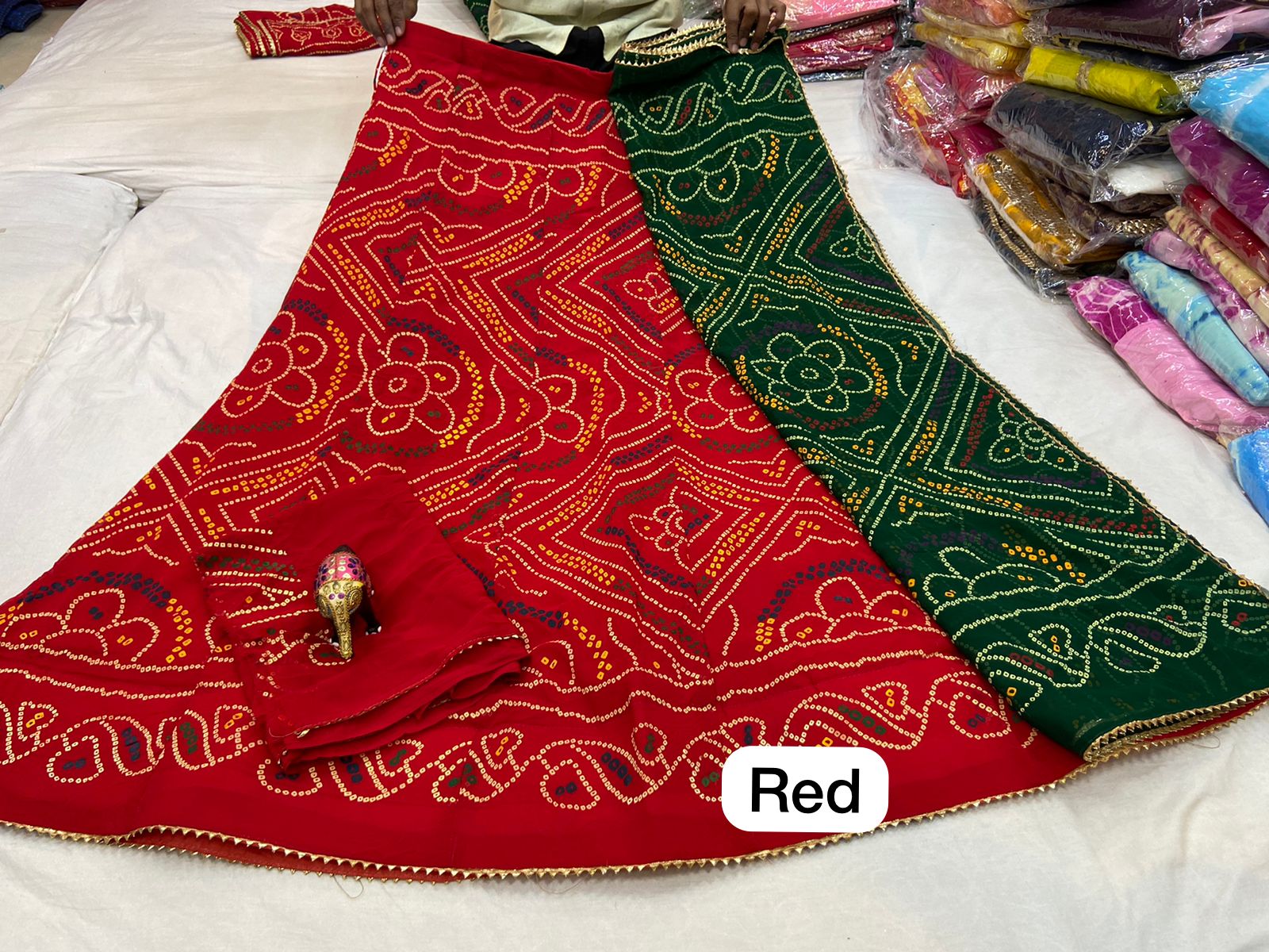 New Design Launch Pure Renail Georgette Bandhni Print Lehenga Kml Or Red Green Lehenga